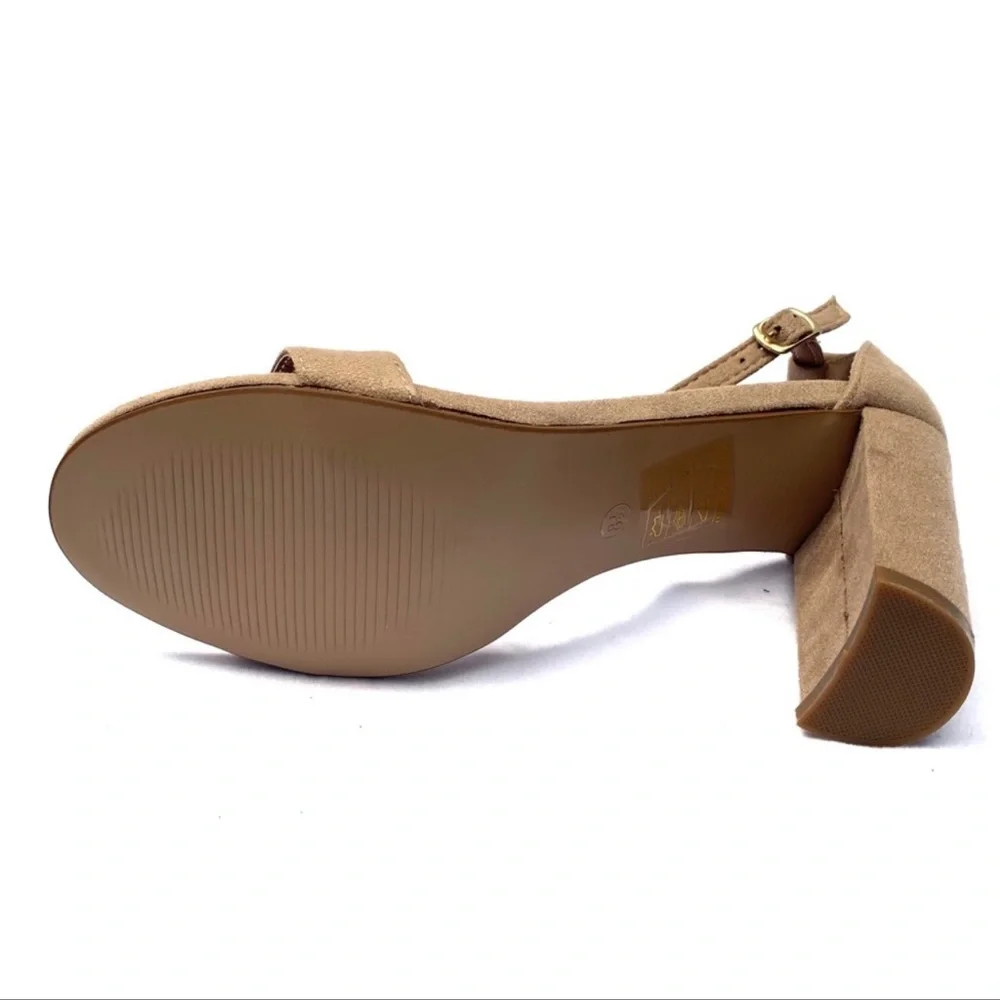 Bella Marie Ankle Strap Sandal Shirley Taupe Faux Suede Heels Size 8.5